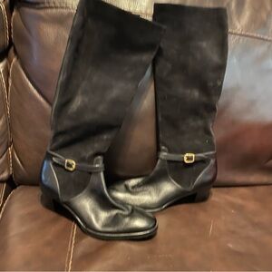 Arthur Beren Black Knee-High Leather Boots with Gold Buckle
